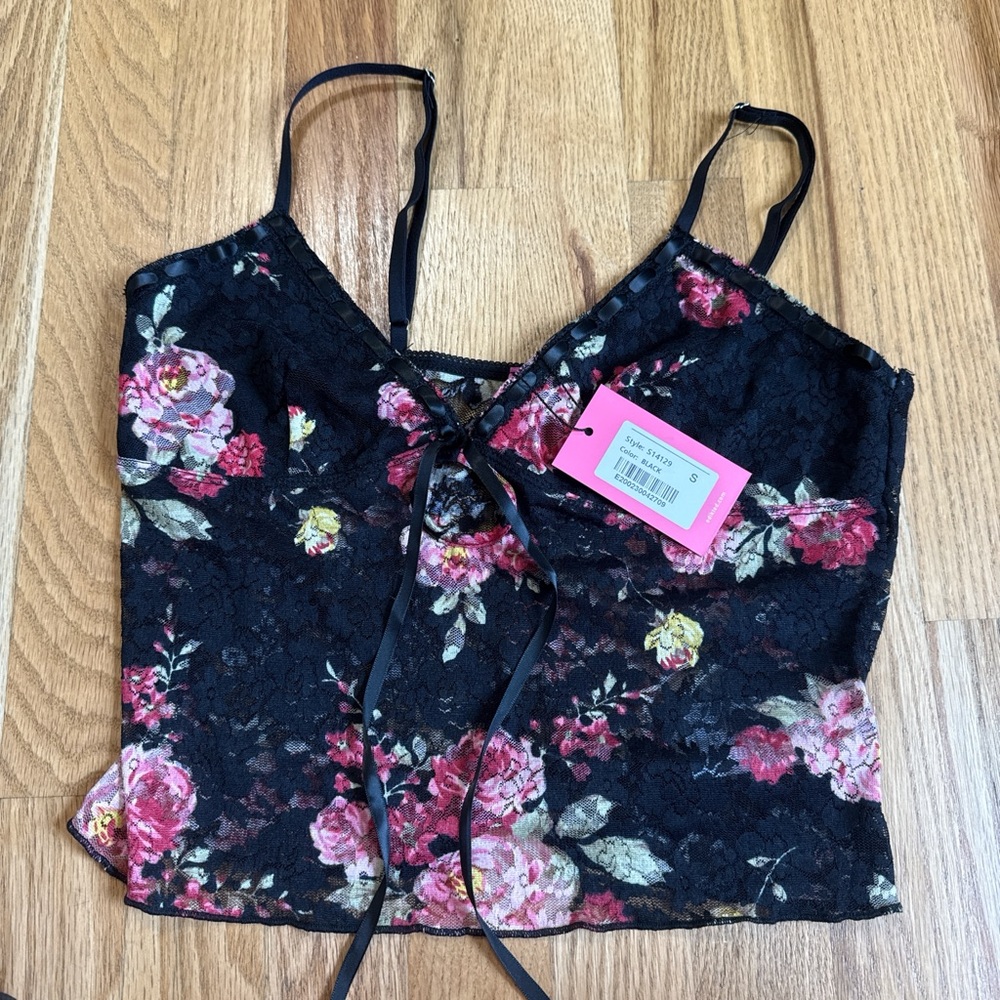 Edikted Black and Pink Floral Lace Camisole